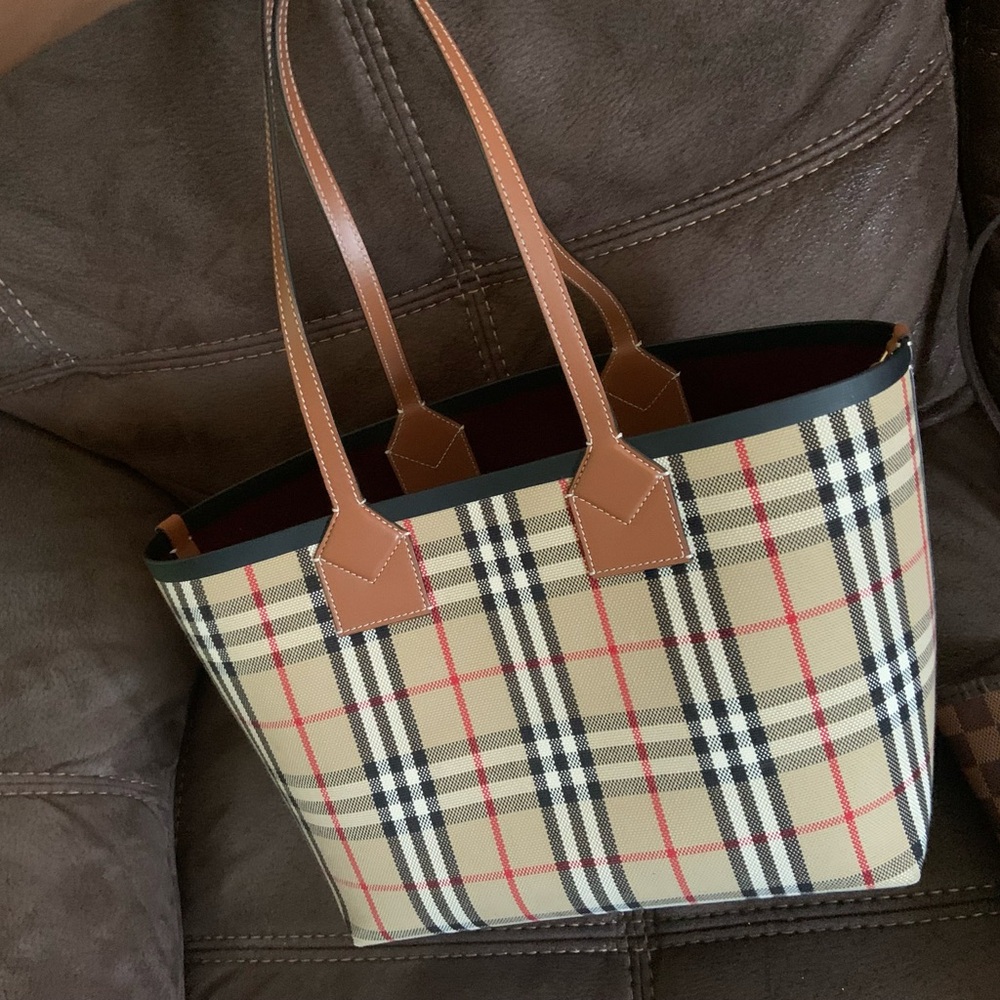 Burberry Tan Plaid Tote with Brown Trim